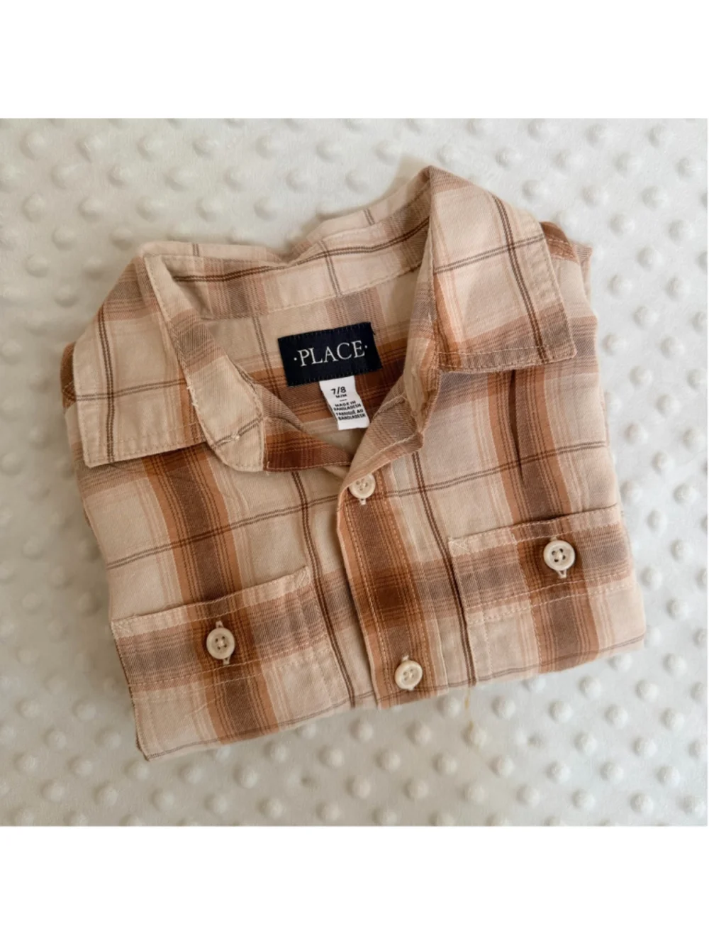 Boys The Children's Place Plaid Button Down Shirt Size 7/8 Beige Brown
